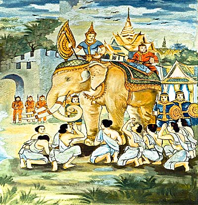 War Elephant Painting in Vatphonxai Sanasongkham by Asienreisender